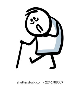 A frustrated, hunched elderly woman walks briskly leaning on a cane. Vector illustration of a pensive sad old lady.