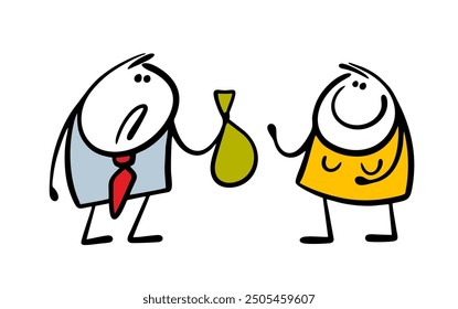 Frustrated husband gives his entire salary to his wife. Vector illustration of a woman demanding money from a man. A funny rich character holds a bag of cash and suffers.