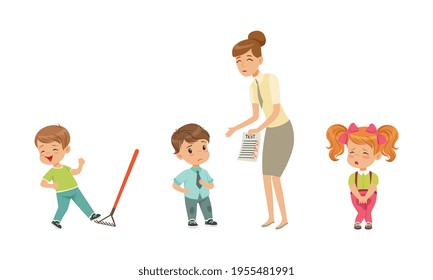 Frustrated Kids Experiencing Their Failures and Mistakes Vector Set