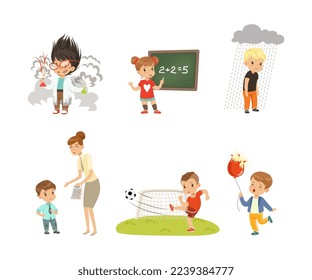 Frustrated Kids Experiencing Their Failures and Mistakes Vector Set