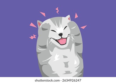 Frustrated kitten holding head, eyes closed and screaming. Isolated on purple background. Cartoon vector illustration.