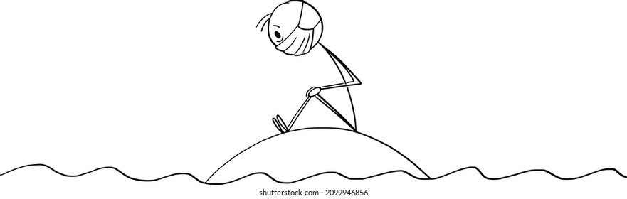 Frustrated lonely man sitting on small island locked during covid-19 or coronavirus lockdown quarantine, vector cartoon stick figure or character illustration.