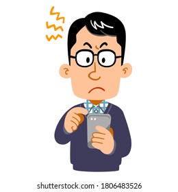 Frustrated look of a man wearing glasses operating a smartphone
