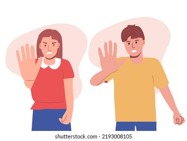 Frustrated male and female couple reaching forward. Gesture of a stop. Human emotions. flat vector