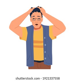 Frustrated male personage holding head with hands. Isolated shocked man wearing glasses. Emotional expression or reaction on events. Terrified or scared. Cartoon character, vector in flat style