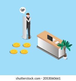 Frustrated male worker must paying bills 3d isometric vector illustration concept for banner, website, landing page template, ads and flyer