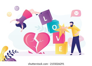 Frustrated man beats cubes with inscription love. Sad woman falls from block tower. Сouple broke up because of girl infidelity. Lover faced relationship difficulties. Broken heart. Vector illustration