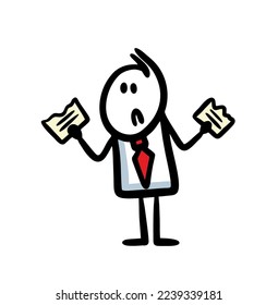 A frustrated man in a business suit holds the halves of a torn paper document in his hands. Vector illustration in doodle style of office employee.