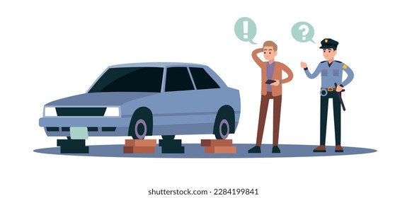 Frustrated man called police thief stole all wheels off new car. Robbery in city. Criminal accident with automobile. Auto insurance. Cartoon flat isolated illustration. Vector crime concept