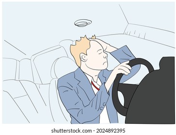 Frustrated man in the car. Hand drawn style vector design illustrations.