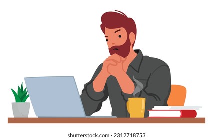 Personaje De Hombre Frustrado Mirando En Pantalla Portátil Con Una Expresión Desagradable, Que Indica Descontento O Molestia Con El Contenido O Los Problemas Técnicos Mostrados. Ilustración de vectores de personas de caricatura