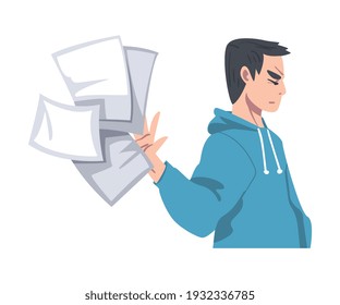 Frustrated Man Character Throwing Sheets of Paper Vector Illustration