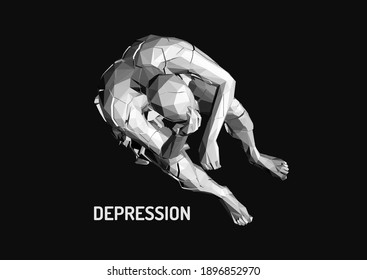 Frustrated man in depression sitting on floor, looking down and thinking. Psychological disease concept. Lonely person. 3D vector illustration. 