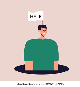 Frustrated man is drowning in psychological problems. A flag with the inscription help. The concept of mental disorders, depression. Vector illustration in flat style. Eps 10.