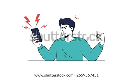 Frustrated man experiencing technical difficulties with his smartphone device causing extreme annoyance