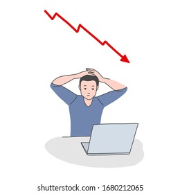 Frustrated man with the falling chart behind and laptop, financial crisis illustration, hand drawn vector flat style.