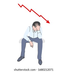 Hombre frustrado con el gráfico que cae detrás, ilustración de la crisis financiera, estilo plano vector dibujado a mano.