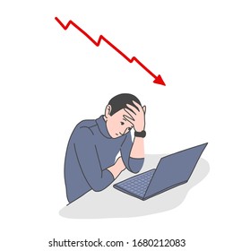 Frustrated man with the falling chart behind and laptop, financial crisis illustration, hand drawn vector flat style.