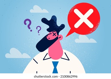 Frustrated man feel biased and prejudiced have blocks in head. Pensive confused male with cross sign, full with judgments against race, sex or gender. Mental filter. Flat vector illustration. 