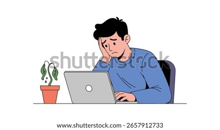 Frustrated Man Feeling Burned Out Working On Computer With Dying Plant