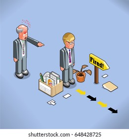 Frustrated man fired by his boss and thrown out of office, cardboard box with office supplies, clock and framed photo next to him (vector illustration)