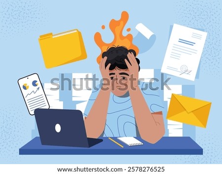 Frustrated man with flaming head surrounded by laptop, documents, and phone, symbolizing work stress. Modern flat style on blue background. Vector illustration