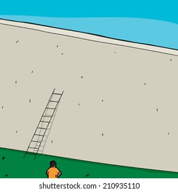 Frustrated man in front of wall with short ladder