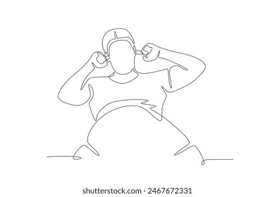 Frustrated man has trouble sleeping because of the noise. Struggling to sleep concept one-line drawing