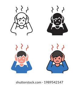 Frustrated Man, Headache Or Migraine, Having Troubles, Preassure Or Tension Exterded, Emotional Strain. Stress And Depression Related Icon. Vector Illustration. Design On White Background. EPS 10