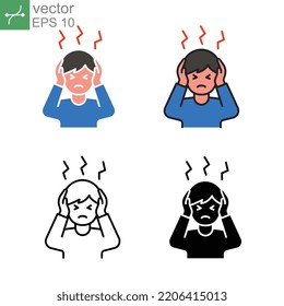 Frustrated Man, Headache Or Migraine, Having Troubles, Preassure Or Tension Exterded, Emotional Strain. Stress And Depression Related Icon. Vector Illustration. Design On White Background. EPS 10