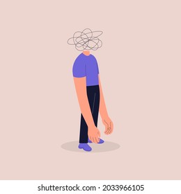 A frustrated man with his hands down. Nervous problem, anxiety and confusion in thoughts. Mental disorder and chaos in the head. A confusing process, a symbol of the line of chaos. Eps 10. 