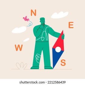 Frustrated man holding broken compass lost direction finding way to go. Colorful vector illustration
