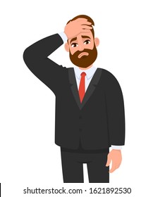 Frustrated man holding hand on head. Unhappy person squeezing forehead. Headache or migraine. Male character design illustration. Emotions and modern lifestyle concept in vector cartoon style.
