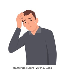 Frustrated man holding hand on head. Unhappy person squeezing forehead. Headache or migraine. Flat vector illustration isolated on white background