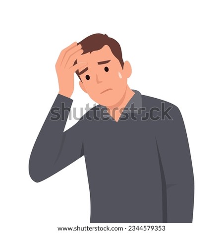 Frustrated man holding hand on head. Unhappy person squeezing forehead. Headache or migraine. Flat vector illustration isolated on white background