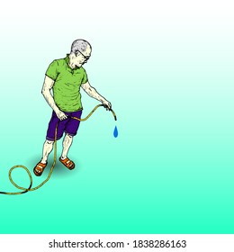 A frustrated man holding a water pipe with trickling water-drop for the concept of water supply disruption. Hand drawn vector illustration.