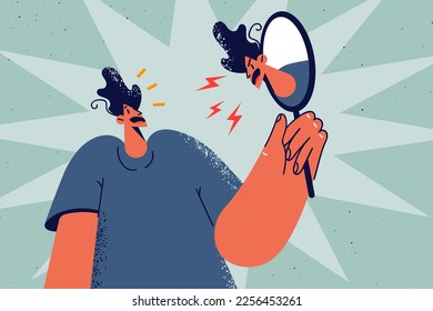 Frustrated man look in mirror see angry self reflection screaming. Confused guy see furious mad face in mirror. Bipolar disorder. Vector illustration. 