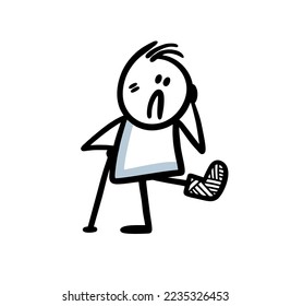 A frustrated man looks sadly at his leg in a cast and leans on a crutch. Vector illustration of doodle stickman in trouble. 