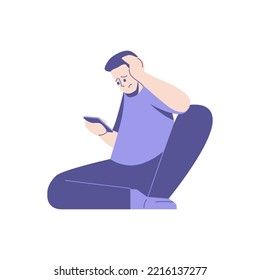 Frustrated Man Looks At The Smartphone Screen. Male Character Have A Chat. Bad News, Breaking Up. Flat Illustration