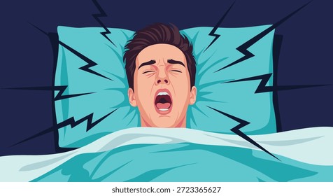 Homem frustrado deitado na cama sob um cobertor azul bocejando alto ou roncando com linhas irregulares representando barulhos altos.