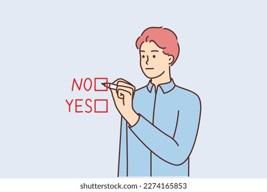 Frustrated man make choice check box. Confused male engaged in questionnaire or test. Decision and dilemma. Vector illustration. 