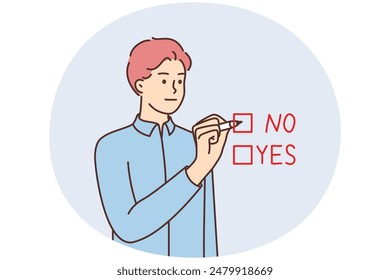 Frustrated man make choice check box. Confused male engaged in questionnaire or test. Decision and dilemma. Vector illustration.
