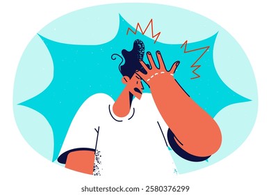 Frustrated man make face palm gesture remembering something. Confused guy feel embarrassed thinking or considering. Vector illustration.