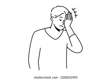 Frustrated man making face palm gesture feeling embarrassed. Anxious male remember things feel stressed or confused. Vector illustration. 