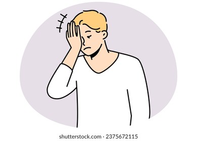 Frustrated man making face palm gesture feeling embarrassed. Anxious male remember things feel stressed or confused. Vector illustration.