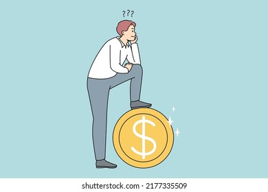 Frustrated Man Near Huge Coin Thinking Of Financial Problems. Confused Male Make Decision Plan About Money And Investment. Finances And Expenses. Vector Illustration. 