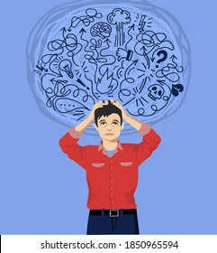 Frustrated man with nervous problem. Man feel anxiety and confusion of thoughts. Man with chronic fatigue and nervous tension. Mental disorder and chaos in consciousness. Vector flat illustration