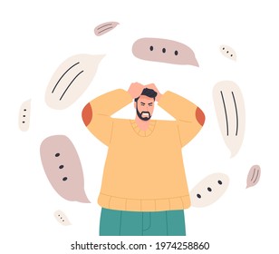 Frustrated man with nervous problem feel anxiety and confusion of thoughts. Mental disorder and chaos in consciousness. vector illustration