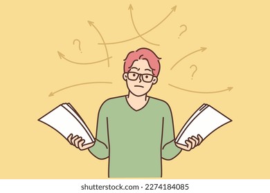 Frustrated man with paperwork feel confused with problem solution. Unhappy male astonished distressed with notification in documents. Vector illustration. 