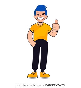 Un hombre frustrado señala con el dedo el espacio publicitario vacío. Confundido chico infeliz recomendar trato u oferta se siente incómodo. Ilustración vectorial.
